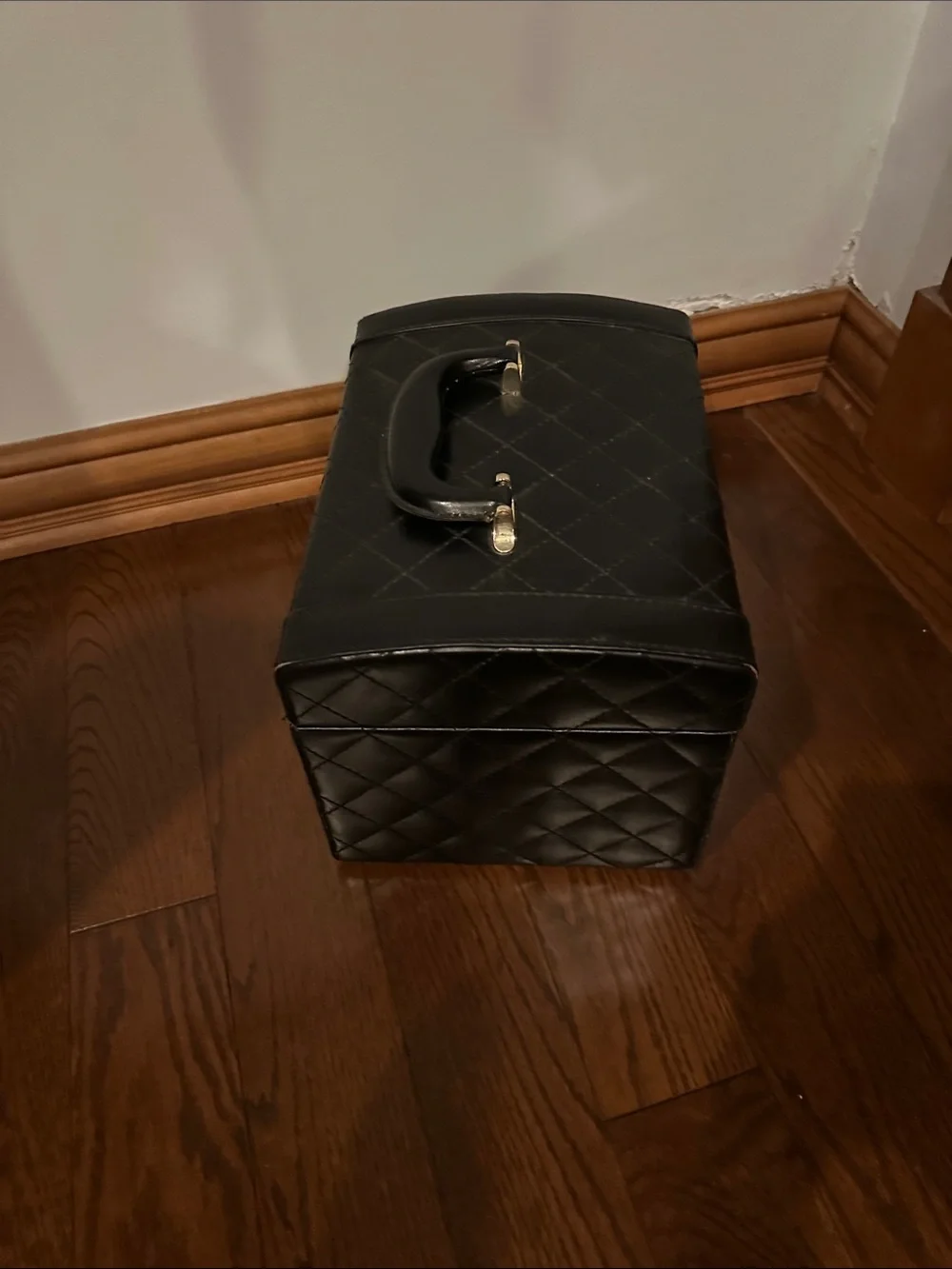 Quilted Black Leather Train Case with Gold Hardware